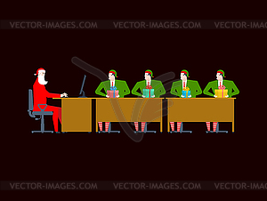 Santa Claus Meeting. Christmas office. Elf and gift - vector clipart