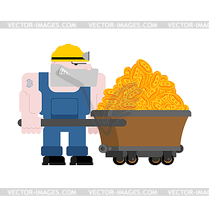 Miner and trolley of bitcoins. Mining Extraction - vector image