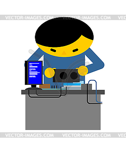 Computer repair. Guy is repairing PC. mending and - vector clip art