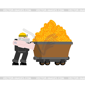 Miner and trolley of bitcoins. Mining Extraction - vector clip art