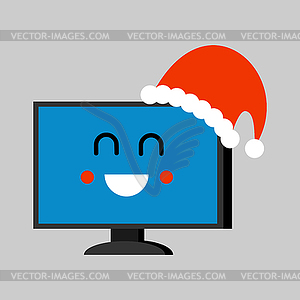 Computer Santa Claus Emoji. Merry pc. Red Santa hat - color vector clipart