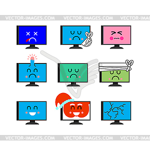 Computer emoji set. Sed and happy PC emotion. sick - vector clip art