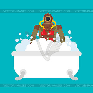 Diver in bath. Retro Underwater diver in bathroom. - vector image