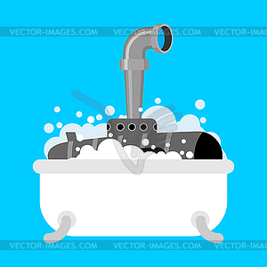 Submarine in bath. Periscope of foam in bathroom. - vector clip art