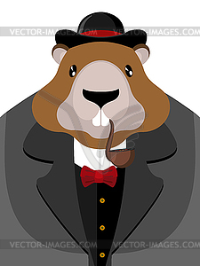Marmot in hat and with pipe. Rodent aristocrat - vector clipart