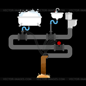 Sewer system in house. Pipes and valves. Sink and - vector image