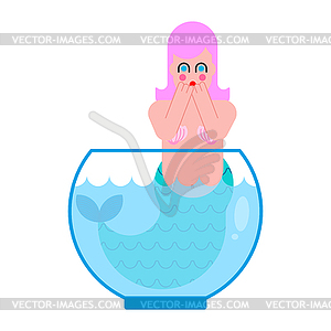 Mermaid In aquarium Frightened. Mythical sad woman - vector clipart