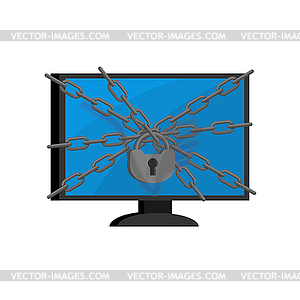 Computer protection. Chain and lock on monitor. PC - vector clipart / vector image