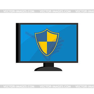 Computer protection. Shield on monitor. PC - vector image