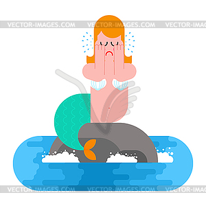 Mermaid Sits on rock and Crying. Mythical sad - vector clipart