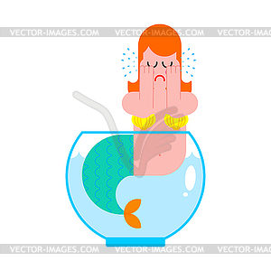 Mermaid In aquarium Crying. Mythical sad woman - vector clipart