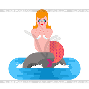 Mermaid Frightened Sits on rock. Mythical sad - vector clip art