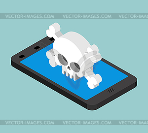 Virus in smartphone. Cyber attack on phone. Skull o - vector image