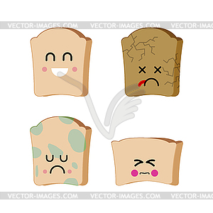 Piece of bread set of emoji. Sad bread with mold. - vector clip art