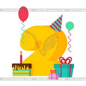 2 year Happy Birthday greeting card. 2th anniversar - vector clip art