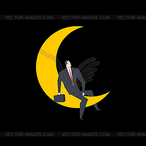 Businessman on moon. Boss is sitting for moon. - vector image