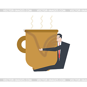 Businessman in big coffee mug. Boss hug coffee. - vector image