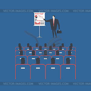 Coaching. Businessman making presentation in - vector image