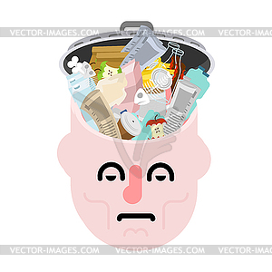 Garbage in head. Rubbish in brain. Open head - vector image