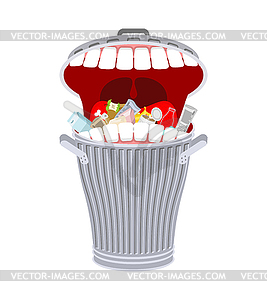 Garbage can with teeth. Trash can hungry. Eats - vector EPS clipart