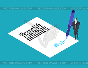 Little Businessman and Big Pen. Write signature - vector clip art