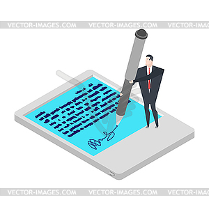 Electronic signature tablet. Little Businessman - royalty-free vector clipart