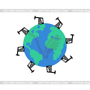 Planet Earth and Pump jack and Oil production. - vector image