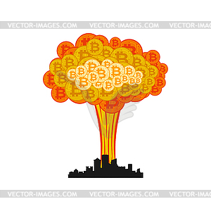 Bitcoin explosion in city. Big cloud of crypto - vector image