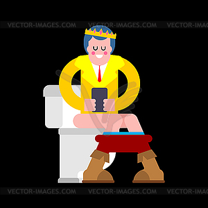 Принц в туалете. Молодой король и телефон в туалете. - изображение в векторном формате
