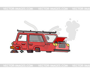 Car broke down. Open hood. Engine started to boil. - vector clipart