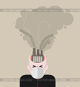 Open head Smoke plants. Man in mask of dust. Guy - vector image