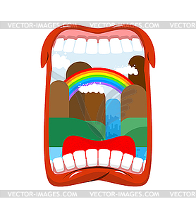 Inner world. Landscape in open mouth. country Natur - vector clip art
