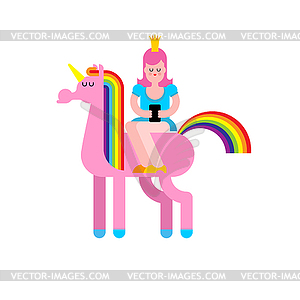 Princess on Unicorn and smartphone. Daughter of kin - vector clipart