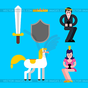 Prince and Princess set. Shield and sword. Crown an - vector clip art