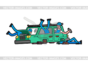 Car repair. Mechanic at work. Engine started to - vector clipart