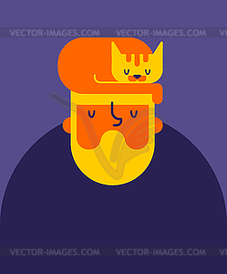 Cat sleeps on head hipster. Guy with beard and - vector EPS clipart