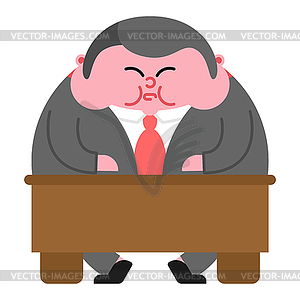 Fat boss and table. Thick Director. Office leader - vector clip art