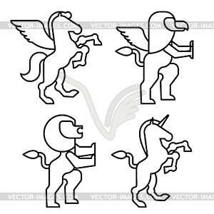 Animals heraldic set symbol. Pegasus and Lion and - vector image