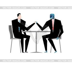 Cyborg and businessman talks. Robot and man at - vector clipart