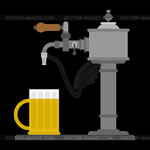 Beer tap and mug. Bartender equipment. Alcohol is - vector image