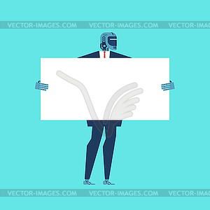 Robot Businessman holding white banner. Cyborg - vector image