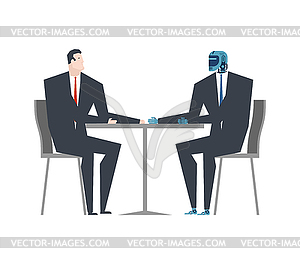 Cyborg and businessman talks. Robot and man at - vector image