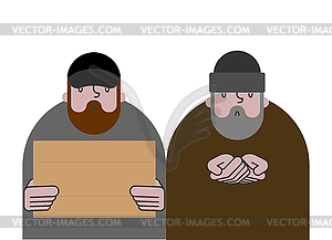 Homeless and cardboard. Beggars and blank plate, - stock vector clipart