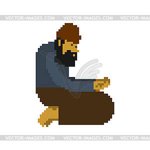 Homeless pixel art. Beggars 8 bit. digital Poor. bu - vector clip art