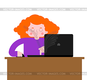 Girl laptop working. lady and notebook - vector clipart