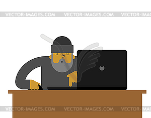 Beggar laptop working. pauper and notebook. Homeles - vector clipart