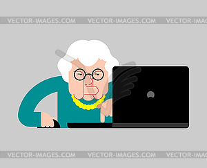 Бабушка работает с ноутбуком. Старуха и - рисунок в векторе
