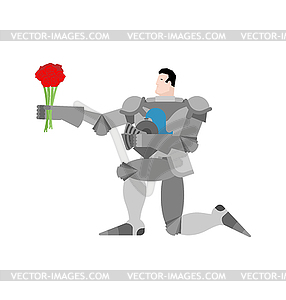 Knight standing on one knee and Bouquet of - vector clipart