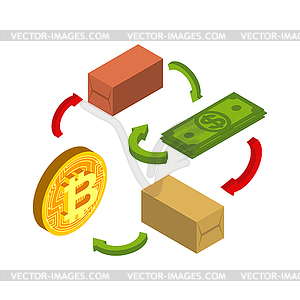 Virtual trade scheme. Bitcoin exchange. Dollar and - vector image