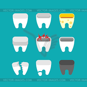 Sick teeth set. Caries and Broken tooth. Dentist - vector image